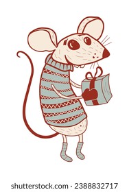 El ratón lindo da un regalo para Navidad. Rata. Un ratón en un suéter de punto. Símbolo chino. Elemento de diseño para tarjetas de felicitación, carteles, etiquetas de regalo para Navidad y Año Nuevo. Ilustración vectorial.