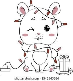 Cute mouse with glowing red Christmas garlands and gift. New year 2020. Year of the mouse-rat. Vector outline illustration drawings on a white background.