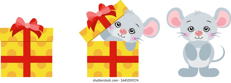 Cute mouse going out of yellow gift
