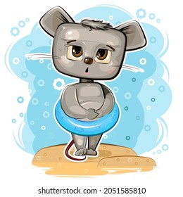 Cute Mouse got ready to swim in an inflatable ring on beach. Funny comic baby animal. Young cute cartoon style. Childrens clipart illustration isolated on white background. Vector.
