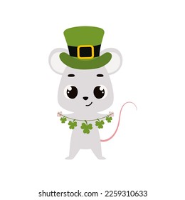 Cute mouse in green leprechaun hat with clover. Irish holiday folklore theme. Cartoon design for cards, decor, shirt, invitation. Vector stock illustration.