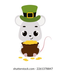 Cute mouse in green leprechaun hat holds bowler with gold coins. Irish holiday folklore theme. Cartoon design for cards, decor, shirt, invitation. Vector stock illustration.