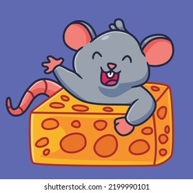 cute mouse greeting inside the cheese. isolated cartoon animal illustration vector