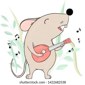 Cute mouse with a guitar singing. Colorful vector illustration on white background. Hand-drawn.