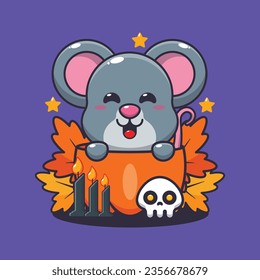 Cute mouse in halloween pumpkin. Cute halloween cartoon illustration.