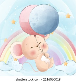 Cute mouse hanging from a balloons baby shower character