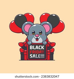 cute mouse happy in black friday sale cartoon vector illustration