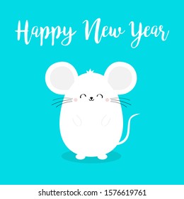 Cute mouse. Happy New Year 2020 sign symbol. Merry Christmas. Cartoon funny kawaii smiling baby character. Flat design. Blue winter background. Vector illustration
