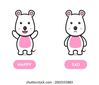 Cute mouse happy and sad opposite card cartoon vector icon illustration. Design isolated flat cartoon style.