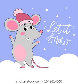 Cute mouse in a hat. New Year illustration. Let it snow