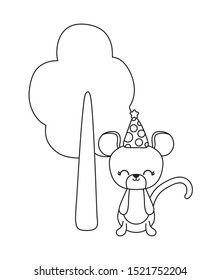 cute mouse with hat party and tree plant vector illustration design