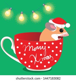 A cute mouse in the hat of Santa in a red cup with a pattern of white peas and the inscription "Merry Xmas" on a green background with a shining garland of light bulbs. Festive vector illustration.