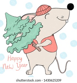 Cute mouse in a hat and a waistcoat holds a Christmas tree and smiles. Colorful vector illustration on white background. Hand-drawn. Greeting card for New year and Christmas.