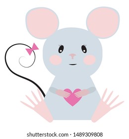 Cute mouse with heart and baw vector illustration isolated on white background