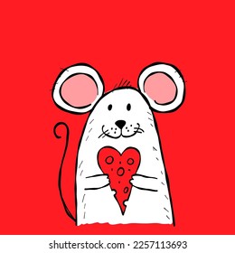 Cute mouse with heart. Be my Valentine. Valentine's day banner, background, flyer, placard. Holiday poster for scrapbooking. Vector illustration card for greeting, decoration, congratulation