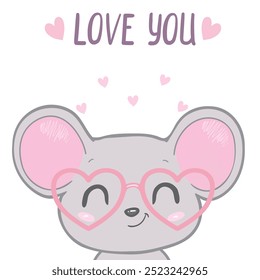 Cute mouse with heart. Be my Valentine. Valentine's day banner, background, flyer, placard. Holiday poster for scrapbooking. Vector illustration card for greeting, decoration, congratulation