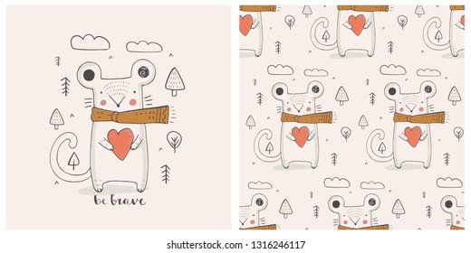 Cute mouse with heart . hand drawn color character. with seamless pattern.Can be used for t-shirt print, kids wear fashion design, baby shower invitation card. - Vector
