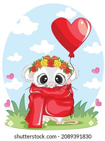 Rute Maus mit Herzform Ballon in Pfote. Valentinstag-Karte mit süßer Maus mit Herzballon