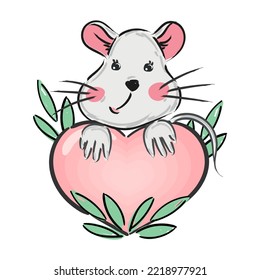 cute mouse with heart vector illustration, print design cat, children print on t-shirt girl. hand drawn cat with glasses