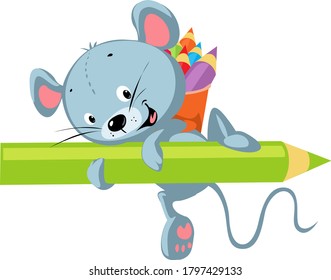 Cute Mouse Hold Crayon - Funny Cartoon Vector Illustration