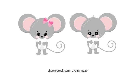 Cute mouse hold tooth in paws set isolated on white bckground. Funny little mice boy and girl took baby tooth concept. Flat design animal adorable wildlife cartoon character vector illustration.
