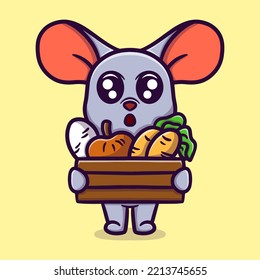 ratón lindo sosteniendo una cesta en ella hay algunas verduras caricaturas ilustraciones vectoriales