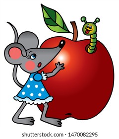 Cute mouse is holding a big apple. Colored vector for card or gift.