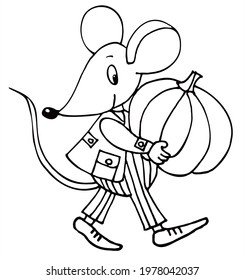 Cute mouse is holding a big pumpkin. Black and white vector for coloring, for card or gift. 
