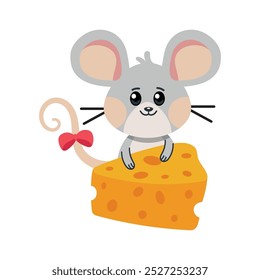 cute mouse holding a big slice of cheese isolated