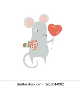 Cute mouse holding bouquet of flowers and heart shaped balloon. Funny rat with Valentine day's gifts. Humanized symbol of 2020 Chinese animal zodiac. Vector isolated illustration