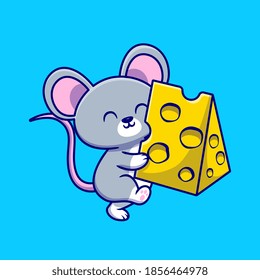 Cute Mouse Holding Cheese Cartoon Vector Icon Illustration. Animal Food Icon Concept Isolated Premium Vector. Flat Cartoon Style