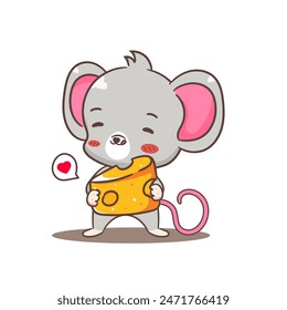 Cute mouse holding cheese cartoon character. Adorable kawaii animal mascot vector illustration concept design. Isolated white background.