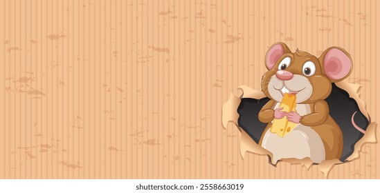 A cute mouse holding cheese in a hole