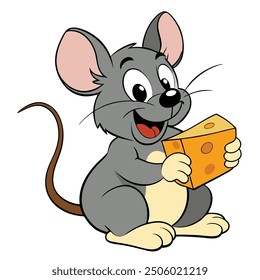 cute mouse holding cheese on white background. animal cartoon vector illustration