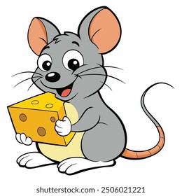 Ratón lindo que sostiene el queso en el fondo blanco. Ilustración vectorial animal de la historieta