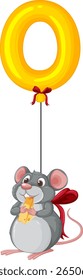 A cute mouse holding cheese, tied to a golden balloon. Bright colors and playful composition enhance the whimsical style