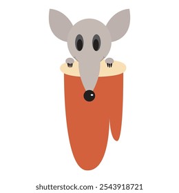 Cute mouse holding a Christmas stocking in a flat vector style.