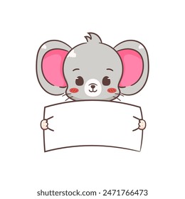 Cute mouse holding empty paper cartoon character. Adorable kawaii animal mascot vector illustration concept design. Isolated white background