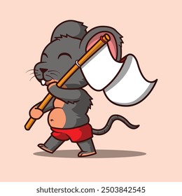 Cute Mouse Holding a Flagpole and Stepping Forward. Editable Flat Cartoon Vector