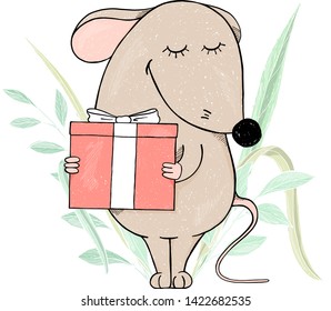 Cute mouse holding a gift and smiling. Colorful vector illustration on white background. Hand-drawn.