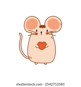 Un lindo ratón está sosteniendo un corazón. Rata Doodle, Ilustración vectorial