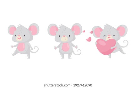 Cute Mouse Holding Heart and Walking Vector Set