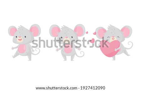 Cute Mouse Holding Heart and Walking Vector Set