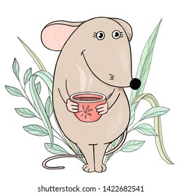 Cute mouse holding a hot Cup of tea and smiling. Colorful vector illustration on white background. Hand-drawn.