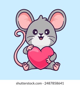 Lindo ratón que sostiene el amor corazón globo de dibujos animados Vector Ilustración. Animal Festiva Icon Concept Aislado Premium Vector. Estilo plano de dibujos animados