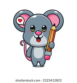cute mouse holding pencil cartoon vector illustration.