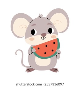 A cute mouse is holding a piece of watermelon. Summer freshness.Cute illustration for fashion print, greeting cards, nursery bedroom decoration.