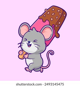 Cute Mouse Holding Popsicle Ice Cream Cartoon Vector Icon Illustration. Animal Food Icon Concept Isolated Premium Vector. Flat Cartoon Style