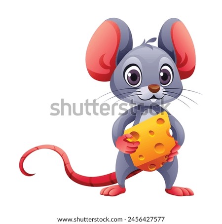Cute mouse holding slice of cheese cartoon vector illustration isolated on white background