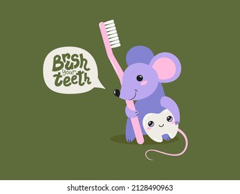 A cute mouse holds a tooth and a toothbrush. The inscription in the bubble - brush your teeth.